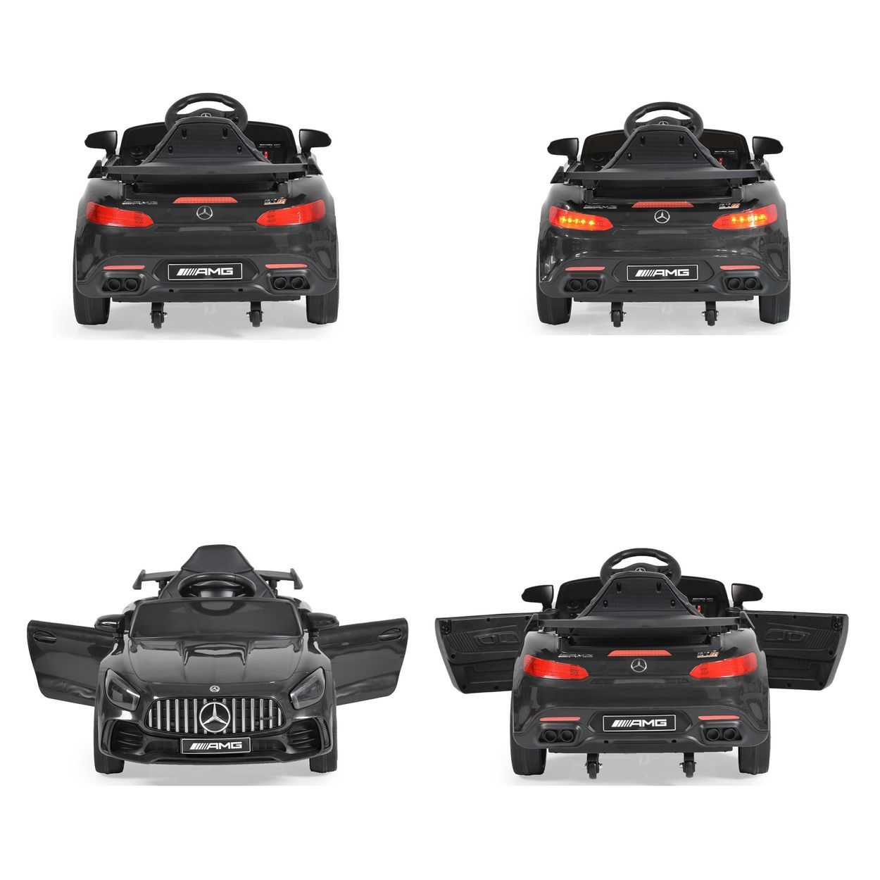 Schwarze Spielzeugautos. Vorder-, Rück- und Seitenansichten mit geöffneten und geschlossenen Türen.