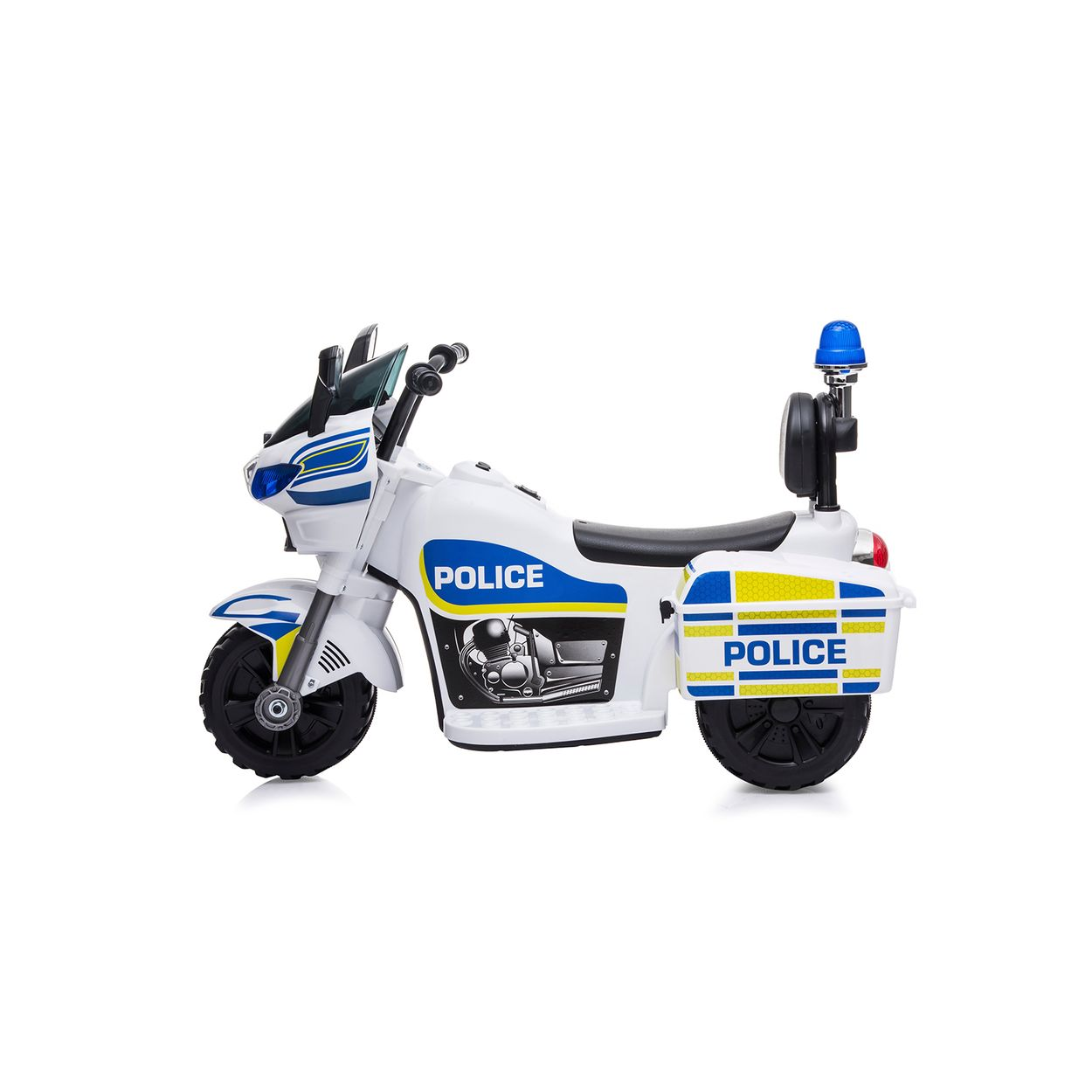 Ein weißes und blaues Spielzeug-Polizeimotorrad.