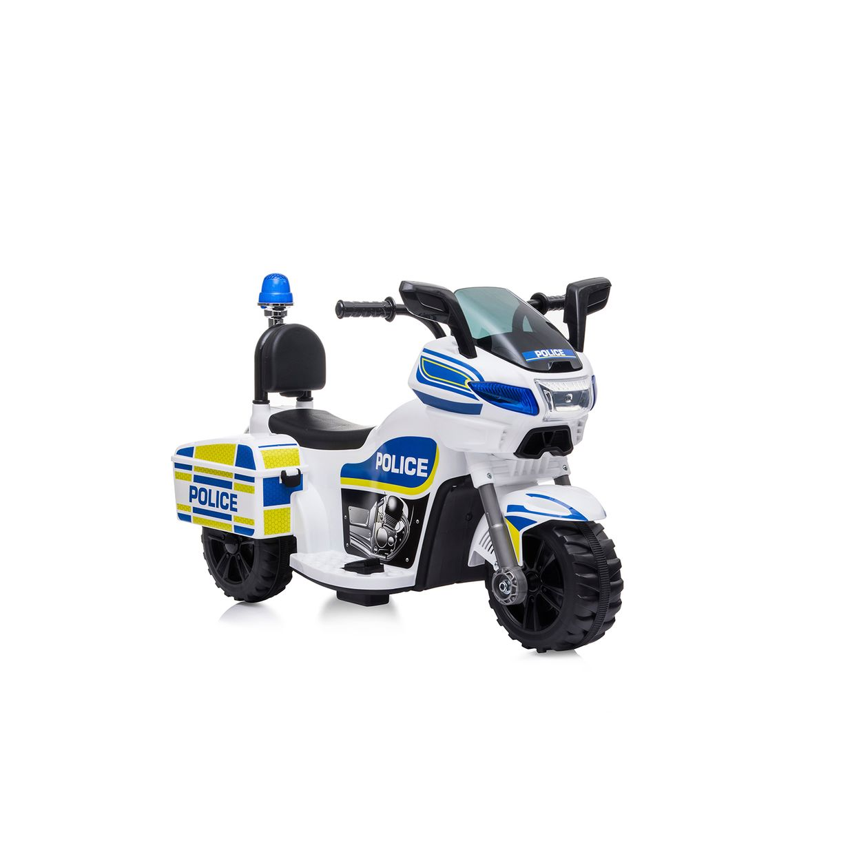 Weißes und blaues Polizei-Motorradspielzeug auf weißem Hintergrund. Blaues Licht oben drauf.