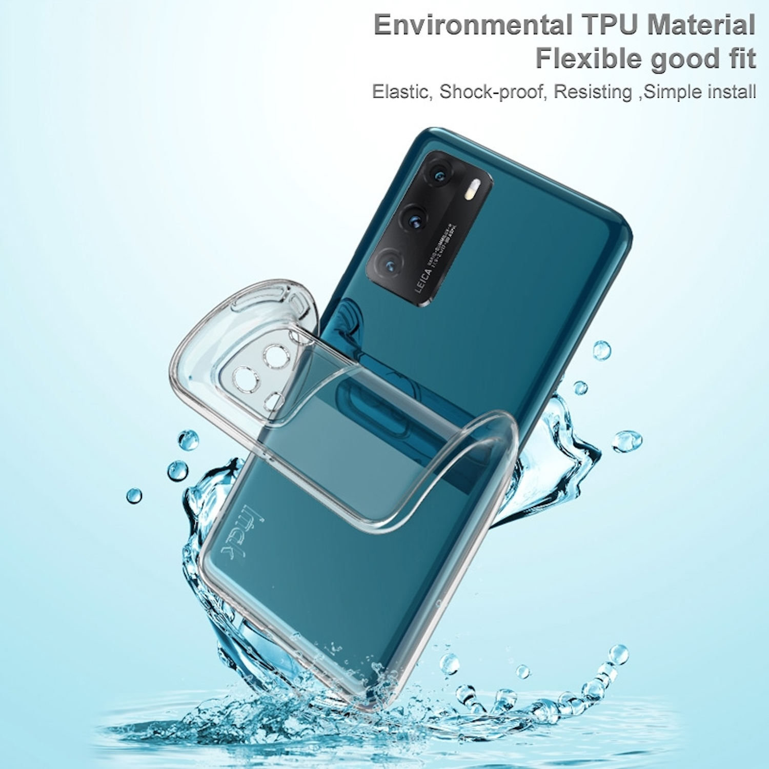 Ein Telefon mit einer durchsichtigen Hülle im Wasser. Die Hülle ist klar und flexibel. Wassertropfen sind sichtbar.