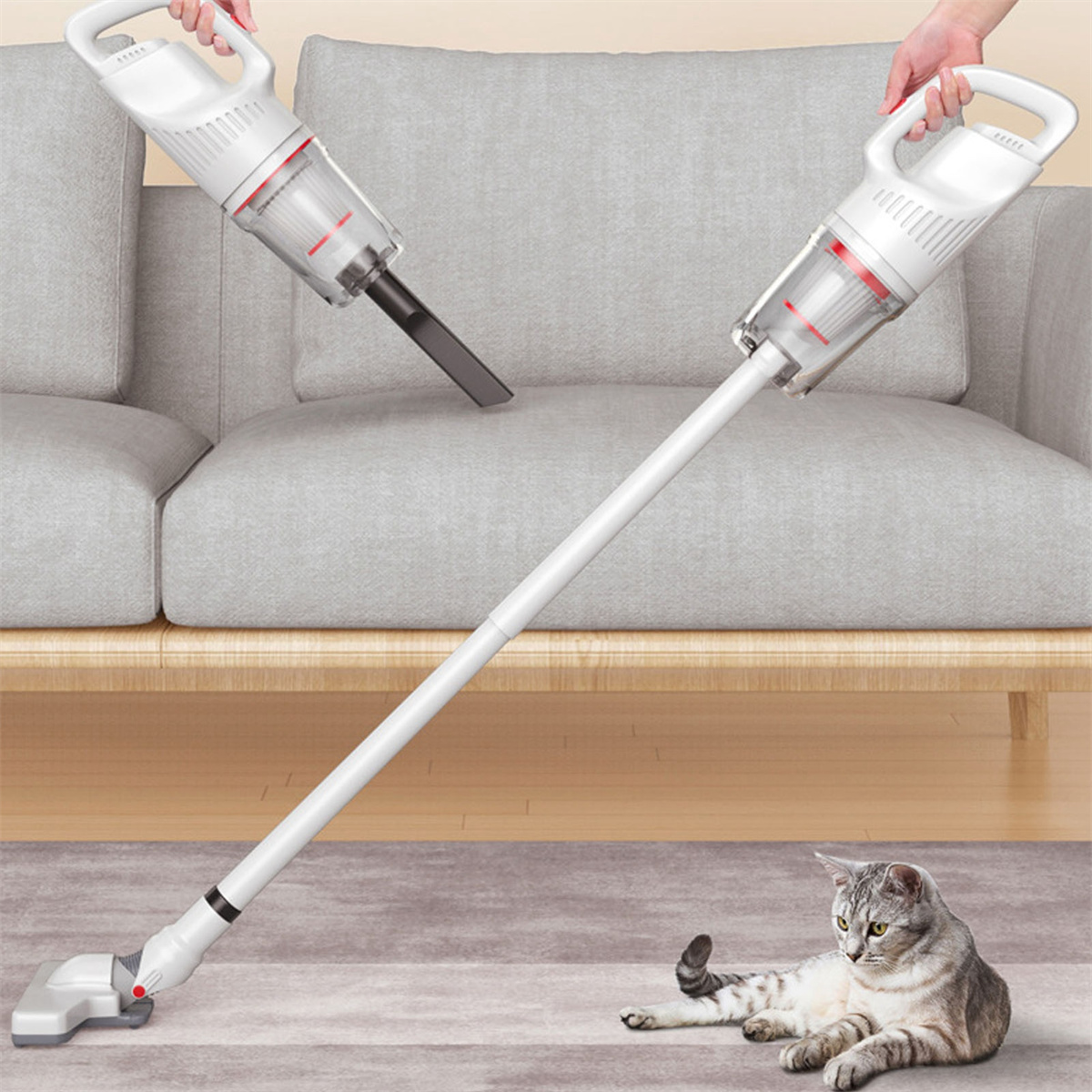Weißer Staubsauger. Eine Hand hält den Griff, die andere die Verlängerung. Katze.