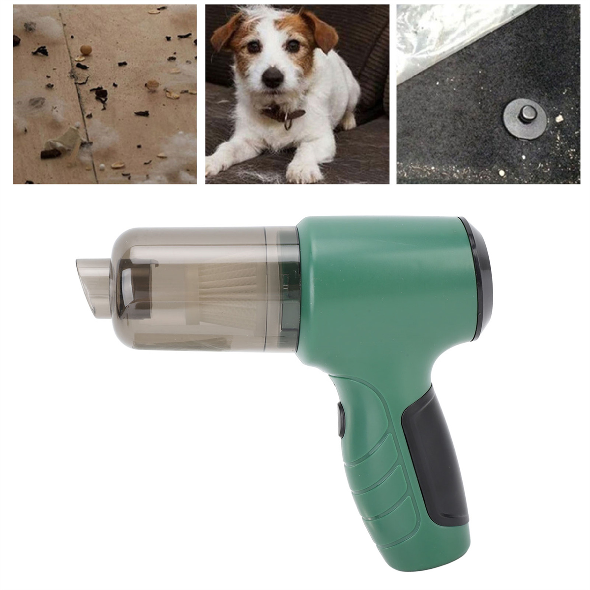 Ein grüner Handstaubsauger mit Hund und Schmutz im Hintergrund.