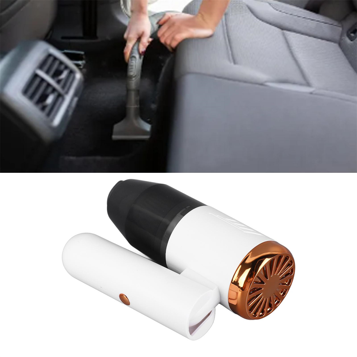 Autoinnenraum wird mit einem weißen und goldenen Handstaubsauger gereinigt.