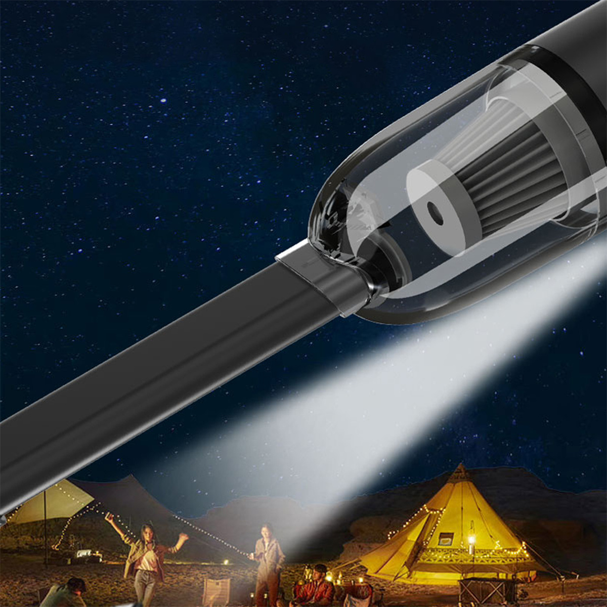 Schwarzer Staubsauger mit Lichtstrahl, der auf eine Nachtszene scheint.