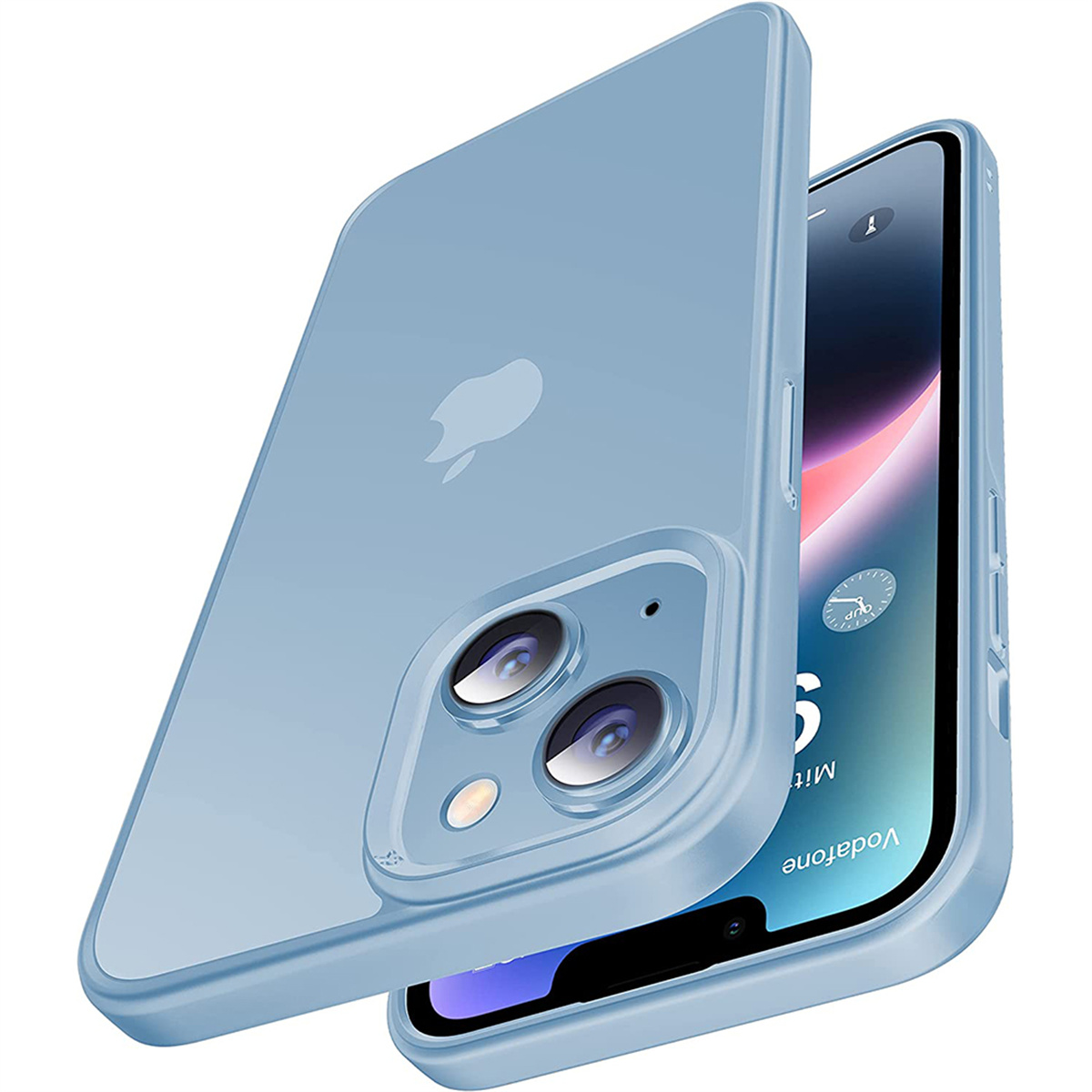 Hellblaue Handyhülle auf einem Telefon. Der Bildschirm zeigt eine Anrufbenachrichtigung.