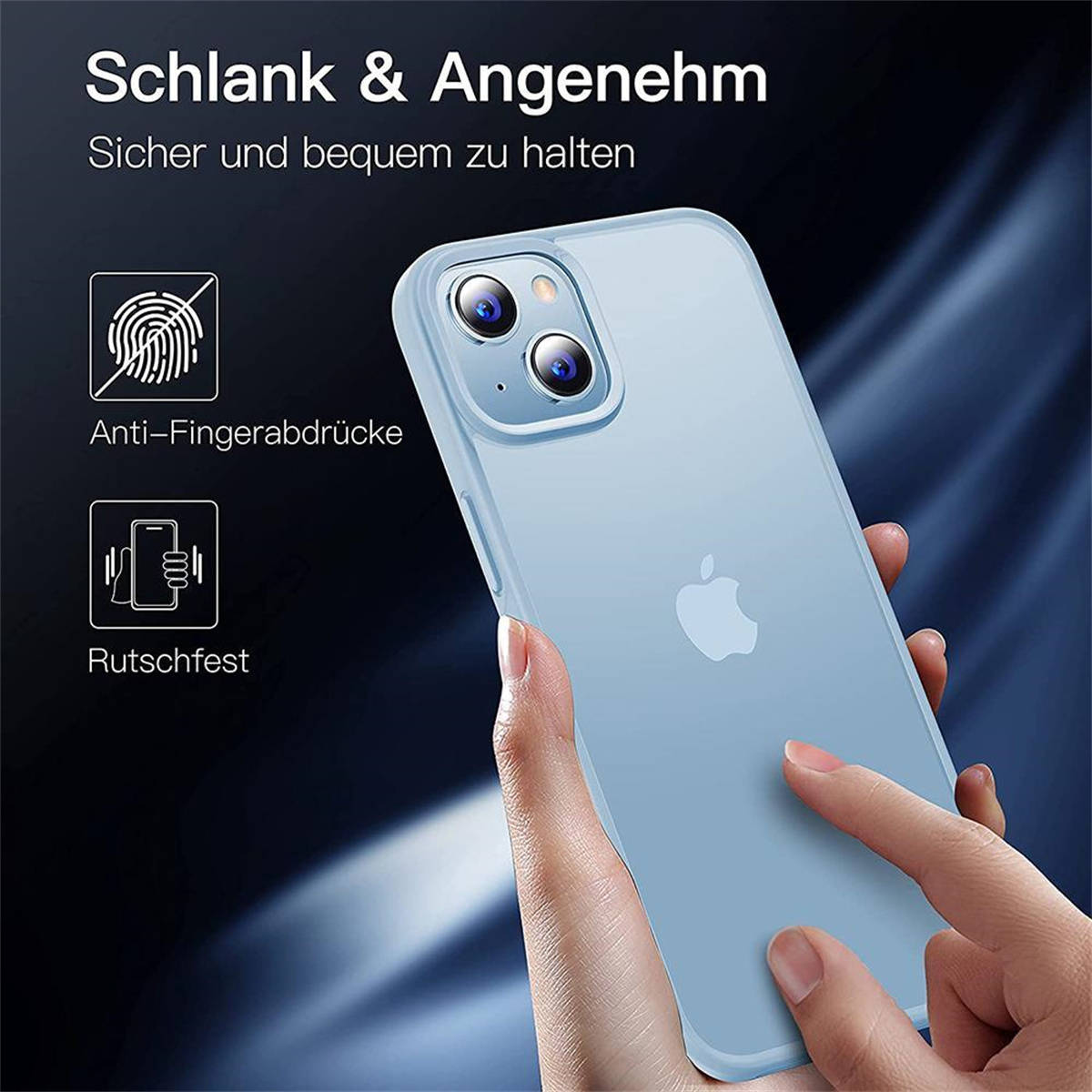 Eine hellblaue Handyhülle mit einem Telefon darin, gehalten in einer Hand.