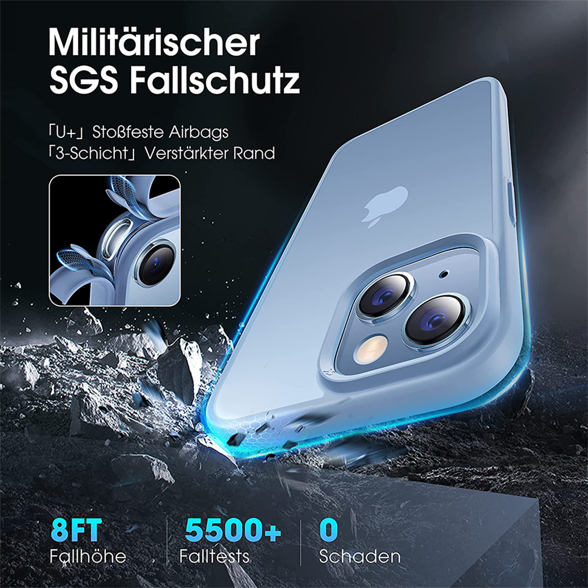 Eine blaue Handyhülle mit iPhone, Text hebt Fallschutz und Funktionen hervor.