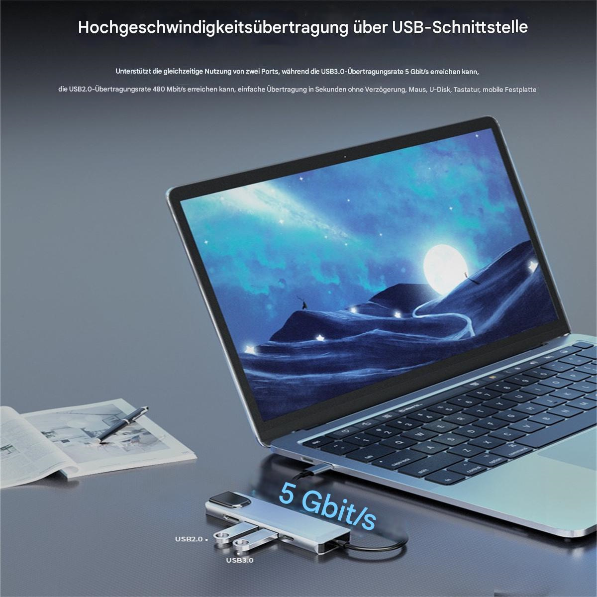 Ein Laptop, der mit einem USB-Hub verbunden ist. Text: 5 Gbit/s, USB2.0 und USB3.0.