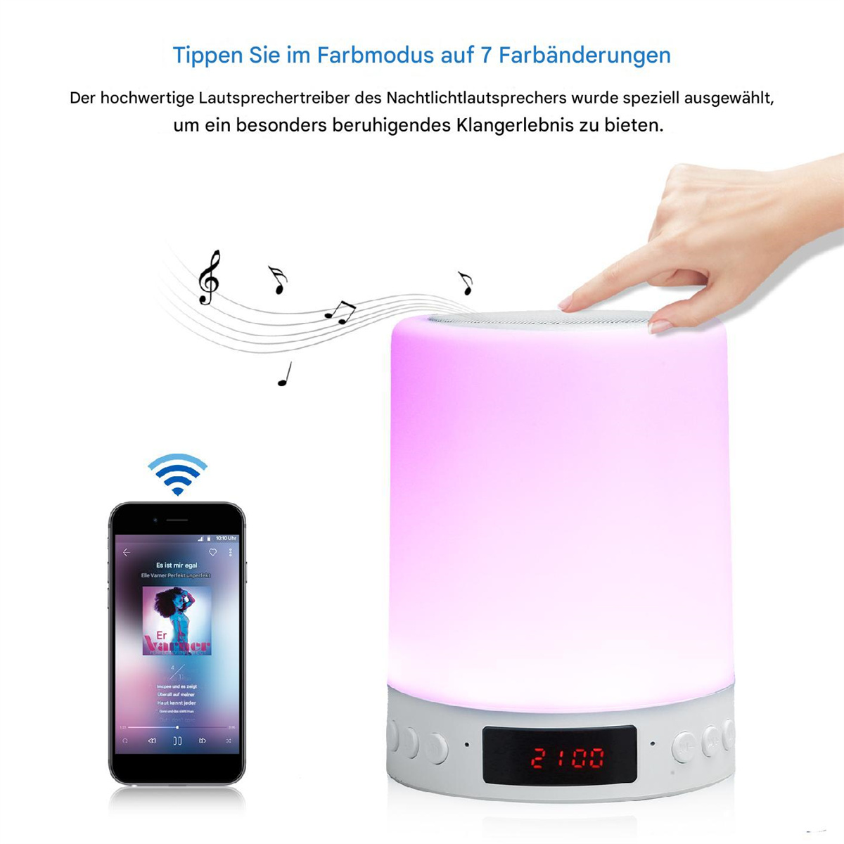 Eine Hand berührt einen Farbwechsel-Lautsprecher. Ein Telefon mit Musik ist im Hintergrund. Die Uhr zeigt 21:00.