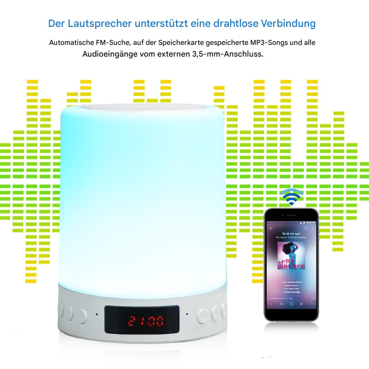 Ein weißer Lautsprecher mit Lichtanzeige und ein Telefon, das eine Musik-App-Oberfläche zeigt.