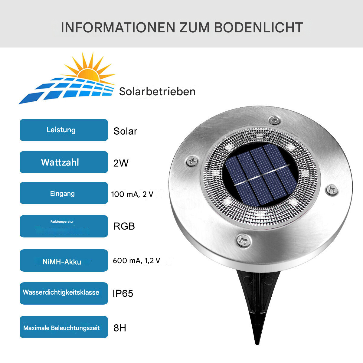 Solarbetriebenes Bodenlicht mit Spezifikationen: 2W, 100mA, RGB, 600mA, IP65 und 8H.