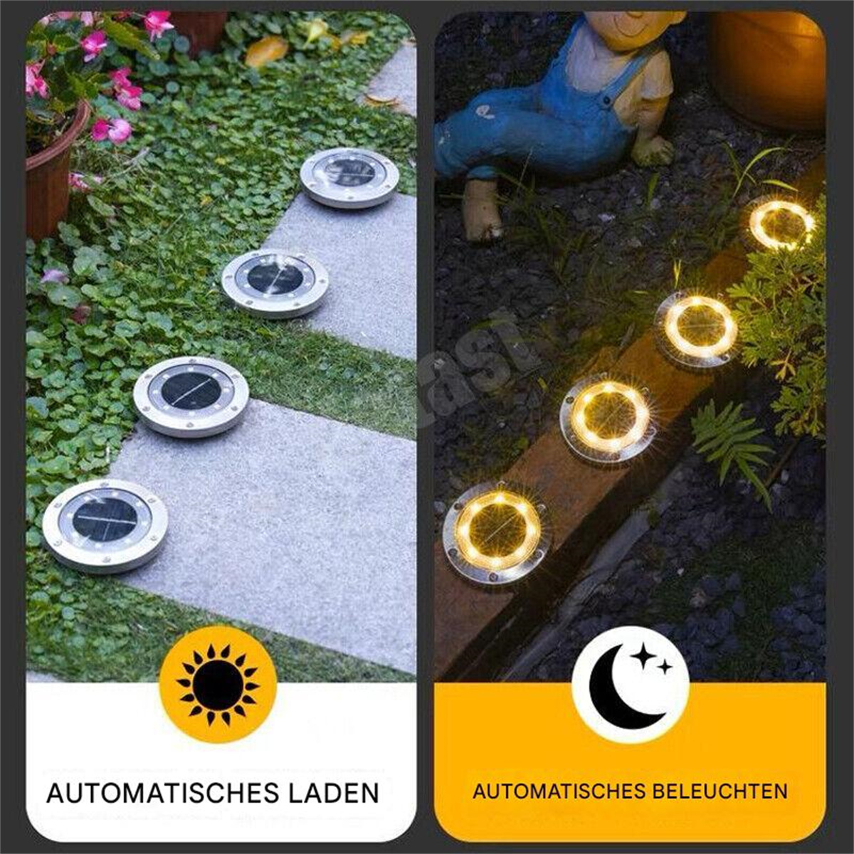 Solarleuchten auf einem Gehweg, eine Seite lädt sich in der Sonne auf, die andere leuchtet nachts.