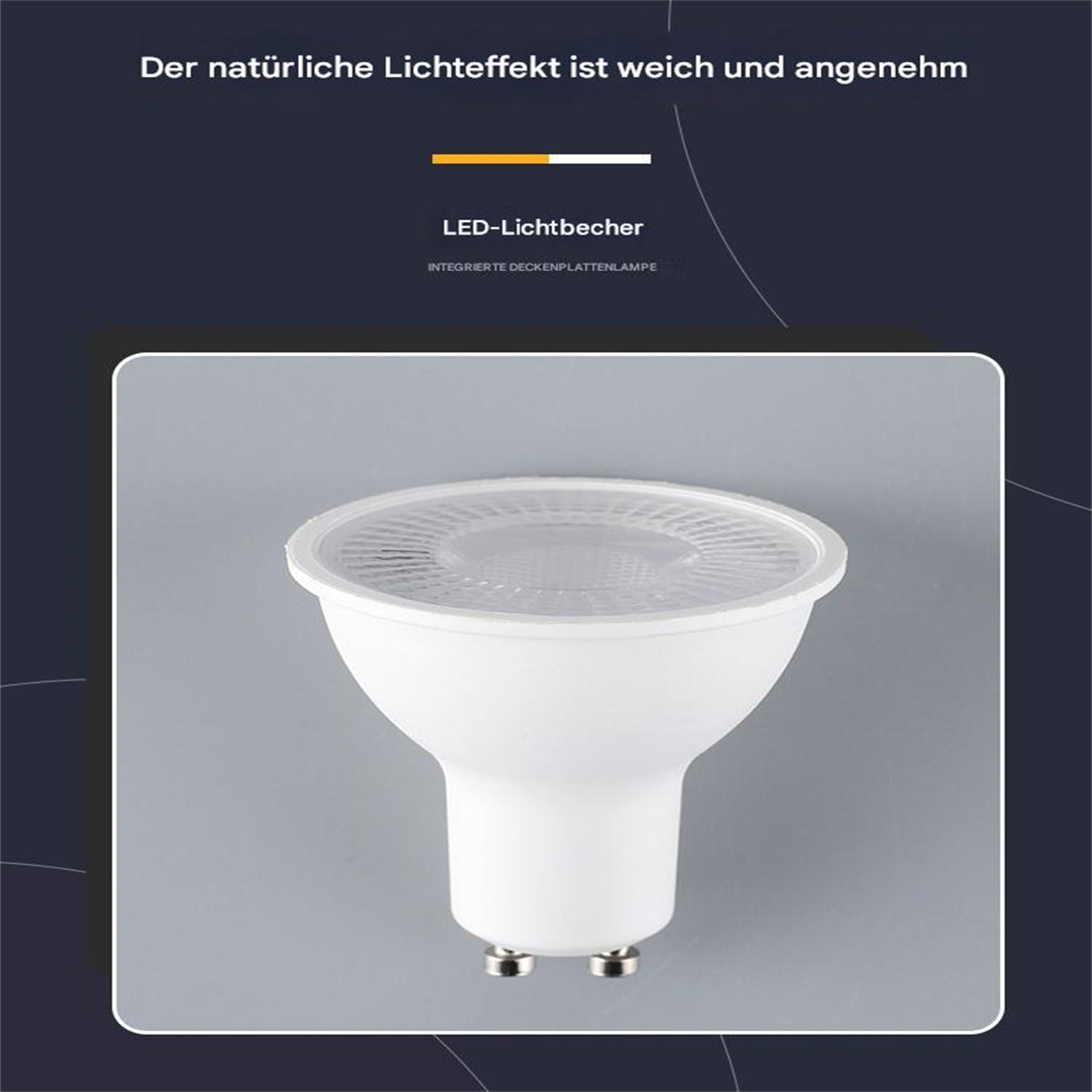 Weiße LED-Glühbirne. Über dem Text steht: 'Der natürliche Lichteffekt ist weich und angenehm'.