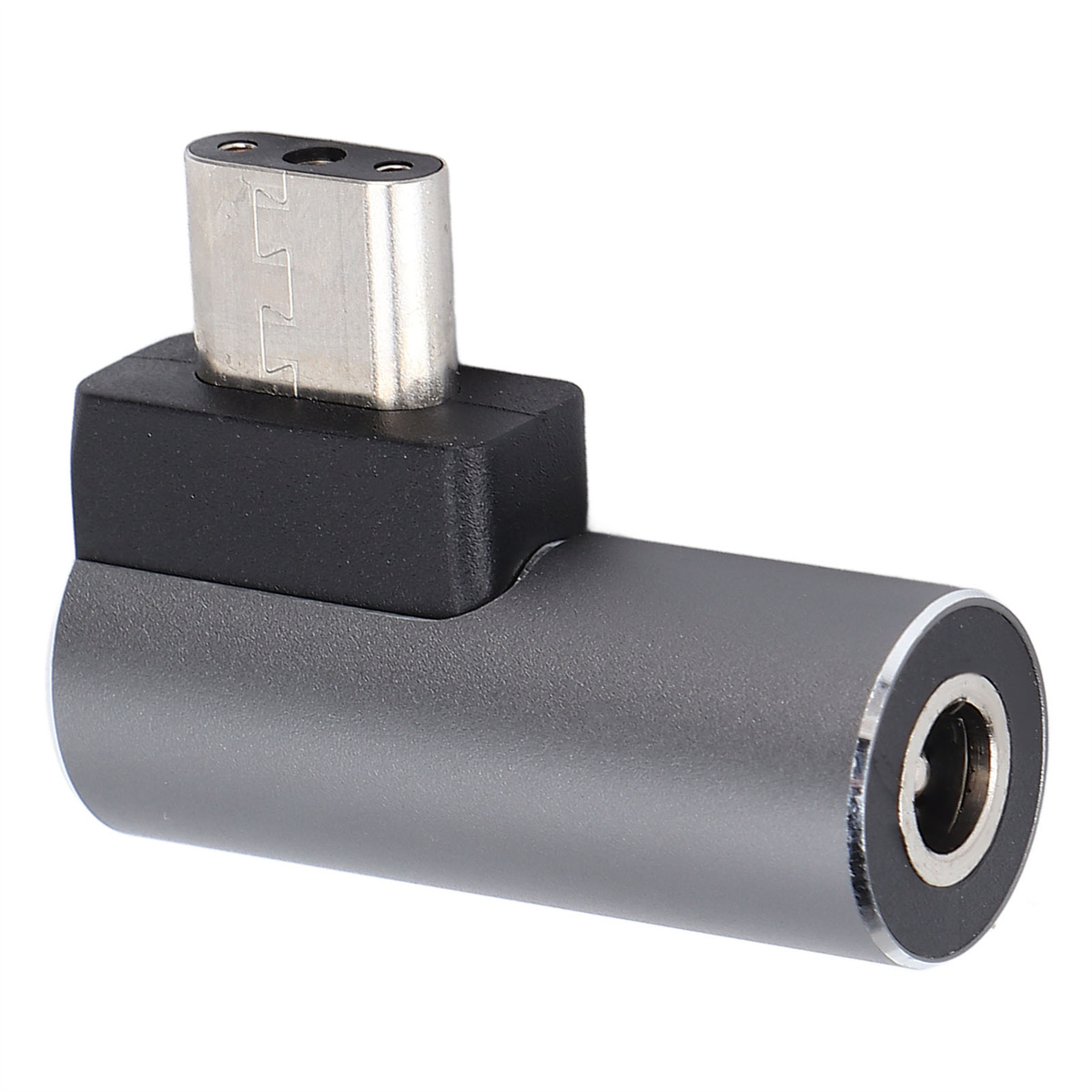 Ein grauer Adapter mit USB-C-Anschluss und 3,5-mm-Audioausgang.