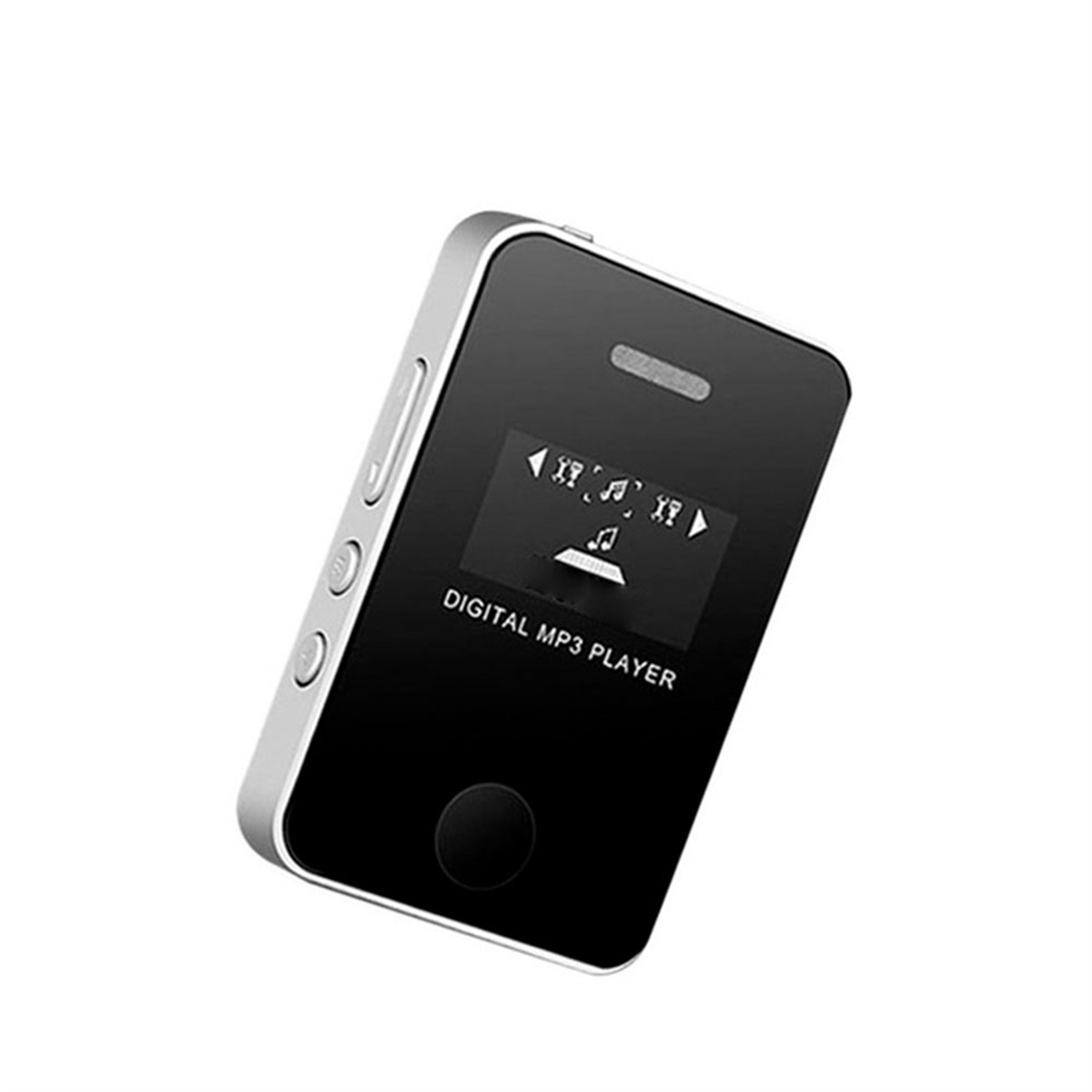 Kleiner digitaler MP3-Player mit schwarzem Bildschirm, silbernen Rändern und drei Tasten.
