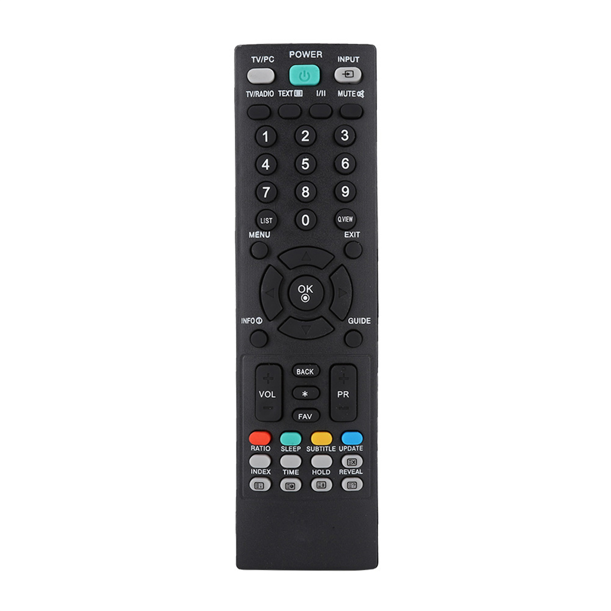 Schwarze Fernbedienung mit vielen Tasten. Sie hat Tasten für TV/PC, Lautstärke, Kanal und Zifferntasten.