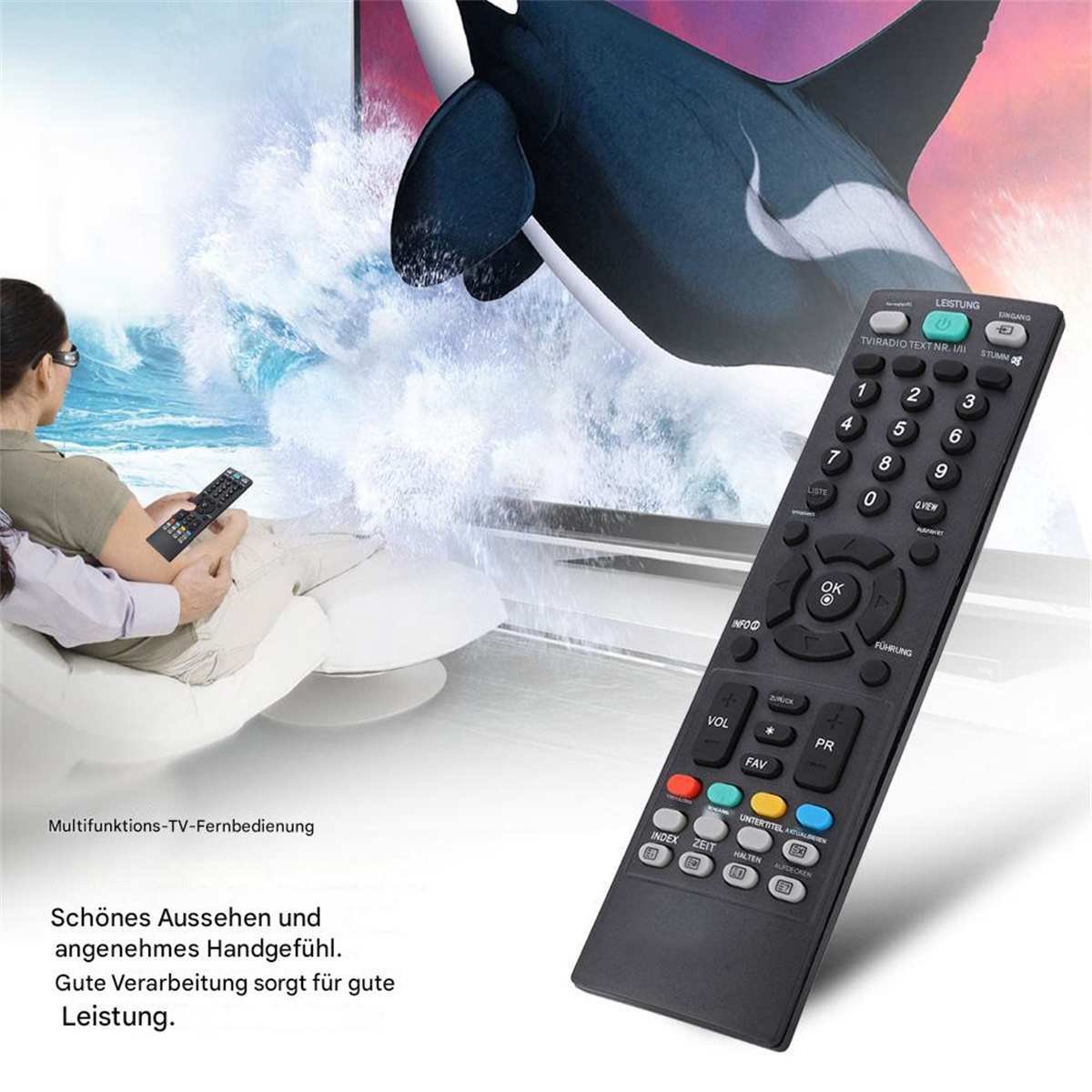 Schwarze TV-Fernbedienung mit Knöpfen. Frau schaut fern. Bild eines Orcas auf dem Bildschirm.