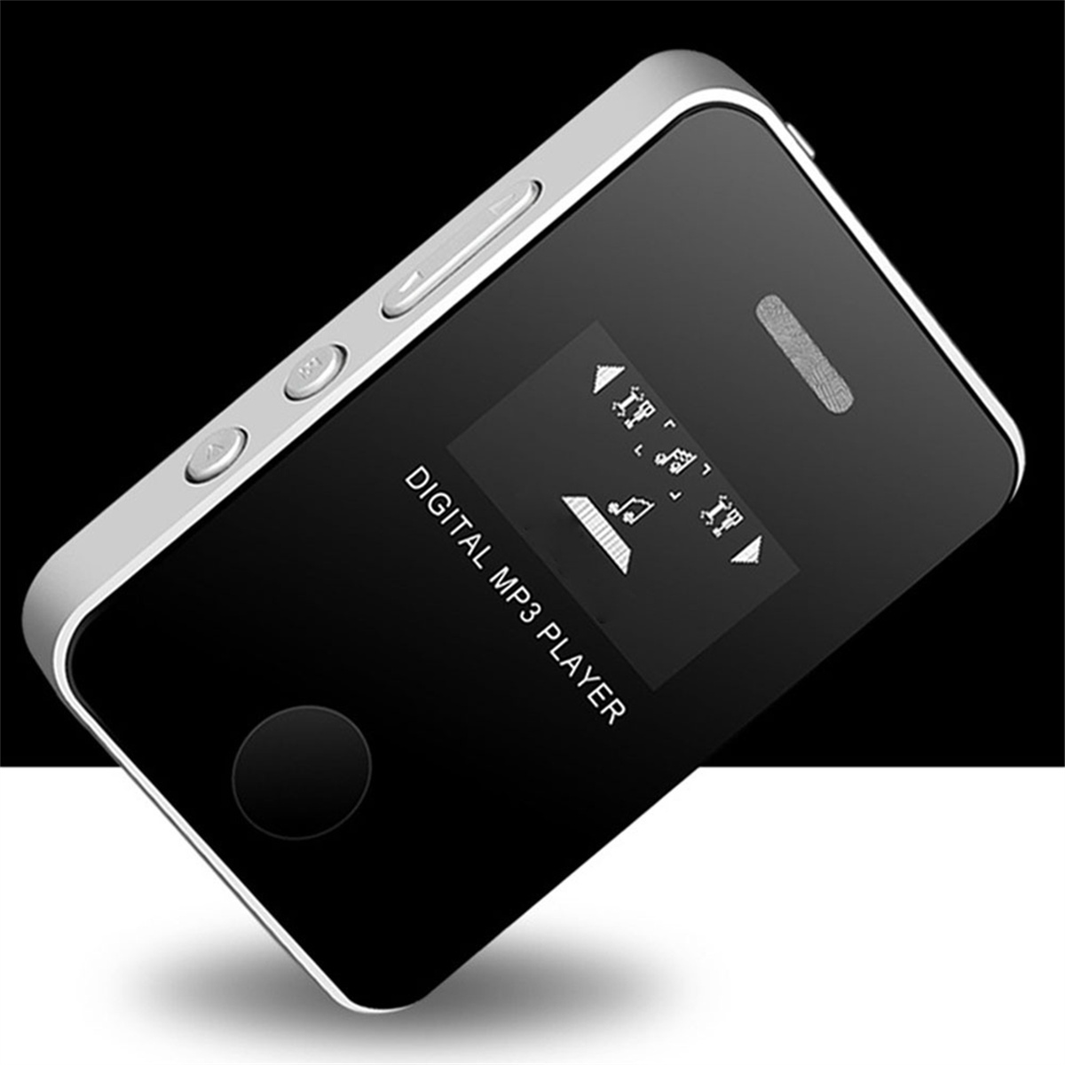Schwarzer und silberner digitaler MP3-Player. Er hat einen Bildschirm mit Song-Informationen. Knöpfe sind an der Seite.