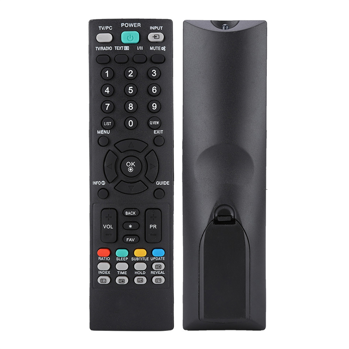 Zwei schwarze TV-Fernbedienungen, eine mit beschrifteten Tasten, die andere mit einer schlichten Rückseite.