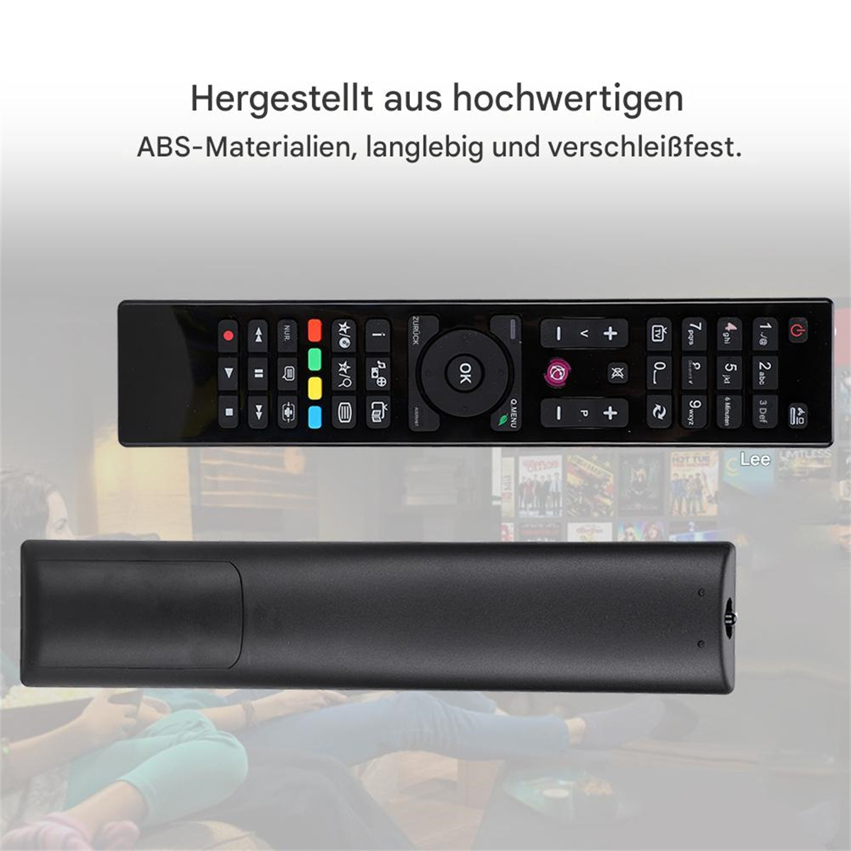 Eine schwarze Fernbedienung mit mehreren Tasten, von oben und unten betrachtet.