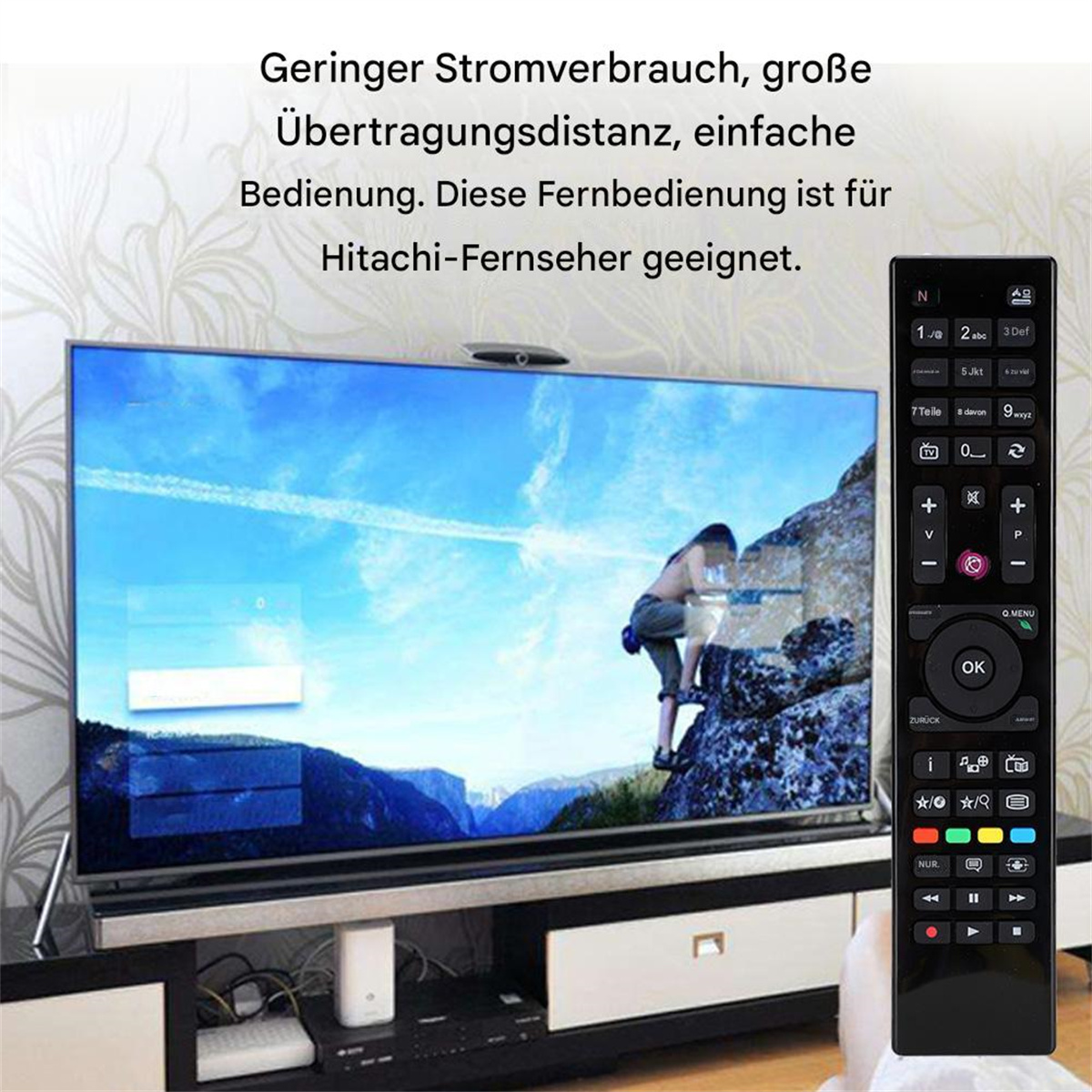 Ein Fernseher mit einer Fernbedienung rechts. Auf dem Fernsehbildschirm ist eine Person zu sehen. Die Fernbedienung hat viele Knöpfe.