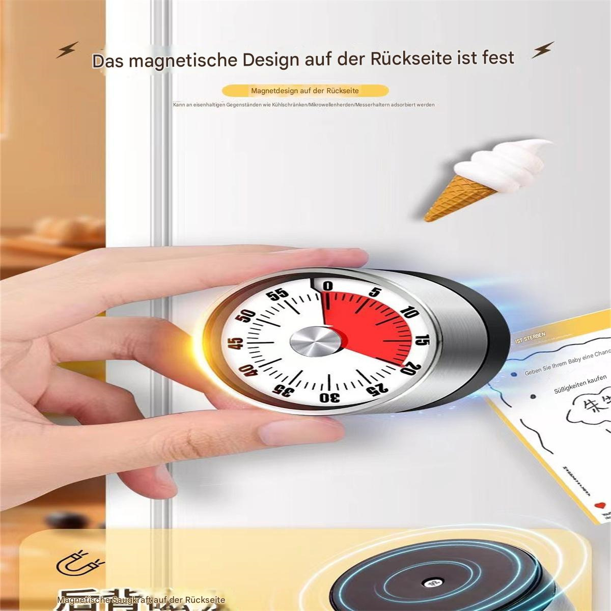 Eine Hand hält einen magnetischen Timer an einem Kühlschrank. Eine Eistüte und Notizen sind sichtbar.