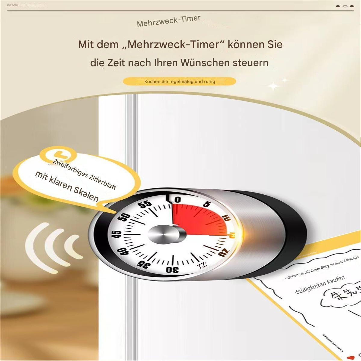 Ein Timer zeigt die Zeit in einem rot-weißen Schema, mit Text darum herum.