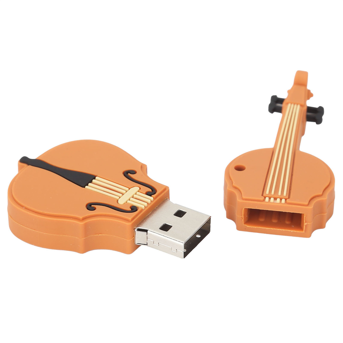 Orangener geigenförmiger USB-Stick mit daneben liegender Kappe.