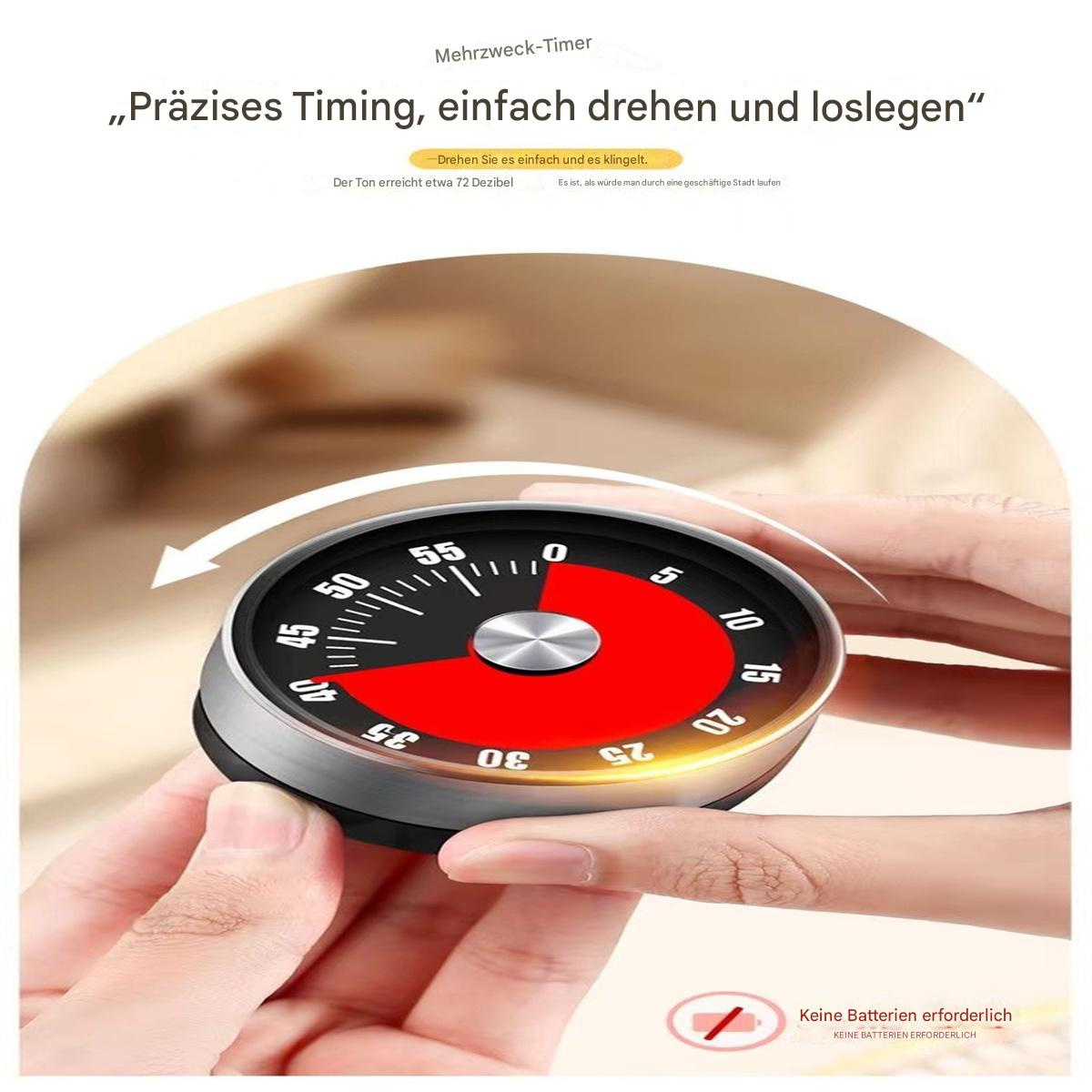 Schwarz-silberner Timer. Roter Abschnitt zeigt Restzeit. Hände halten das Gerät.
