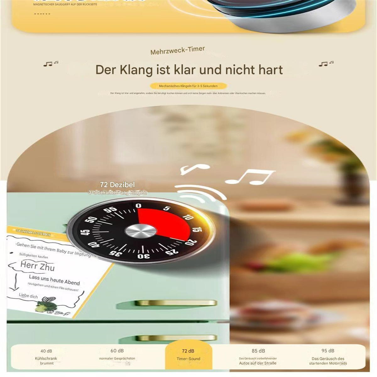 Ein Timer mit Zifferblatt und Text. Er zeigt 72 Dezibel und die Worte 'Timer-Sound'.