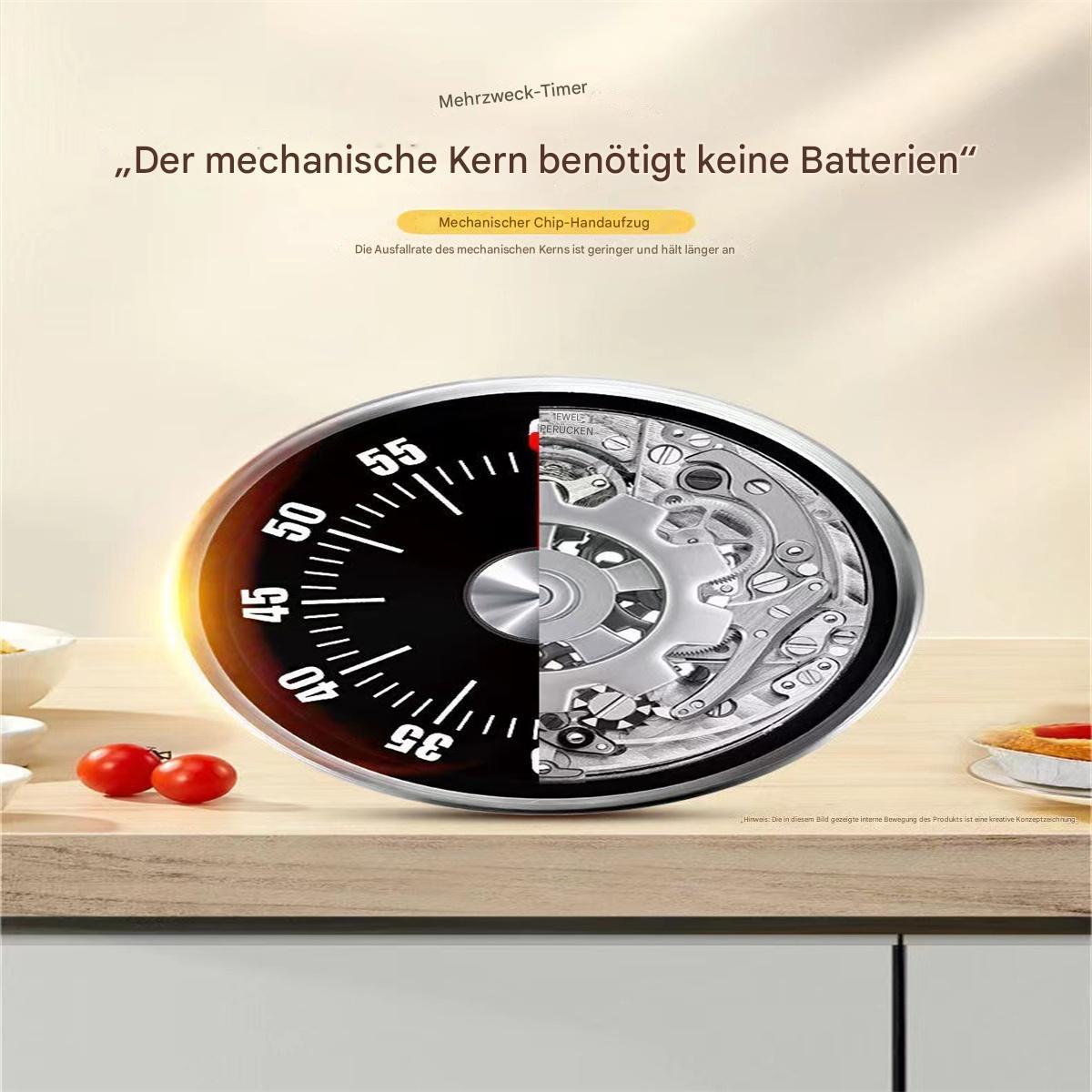 Mechanischer Timer mit schwarzem Zifferblatt, roter Markierung und Ausschnitt mit Zahnrädern.