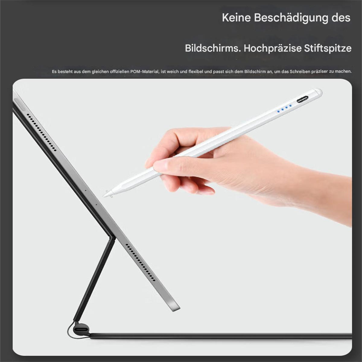 Ein weißer Stift wird über einem Tablet gehalten, um die präzise Spitze zu zeigen.