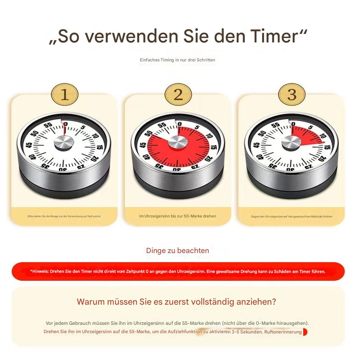 Drei analoge Timer mit roten Zifferblättern, die die Verwendungsschritte veranschaulichen.