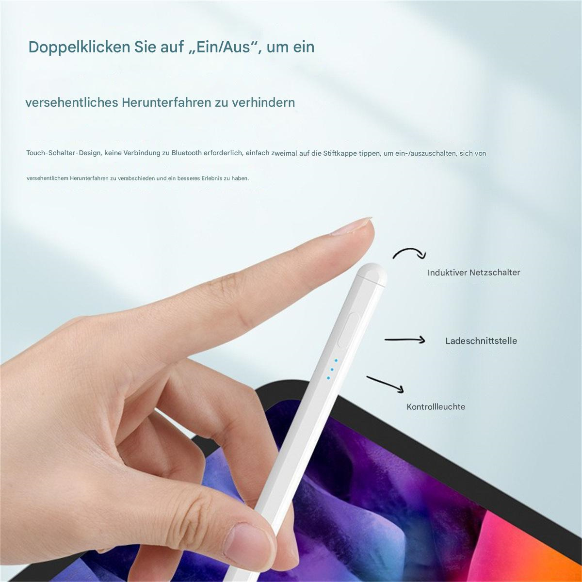 Eine Hand, die auf einen weißen Stift zeigt, mit einem Tablet im Hintergrund und Text.