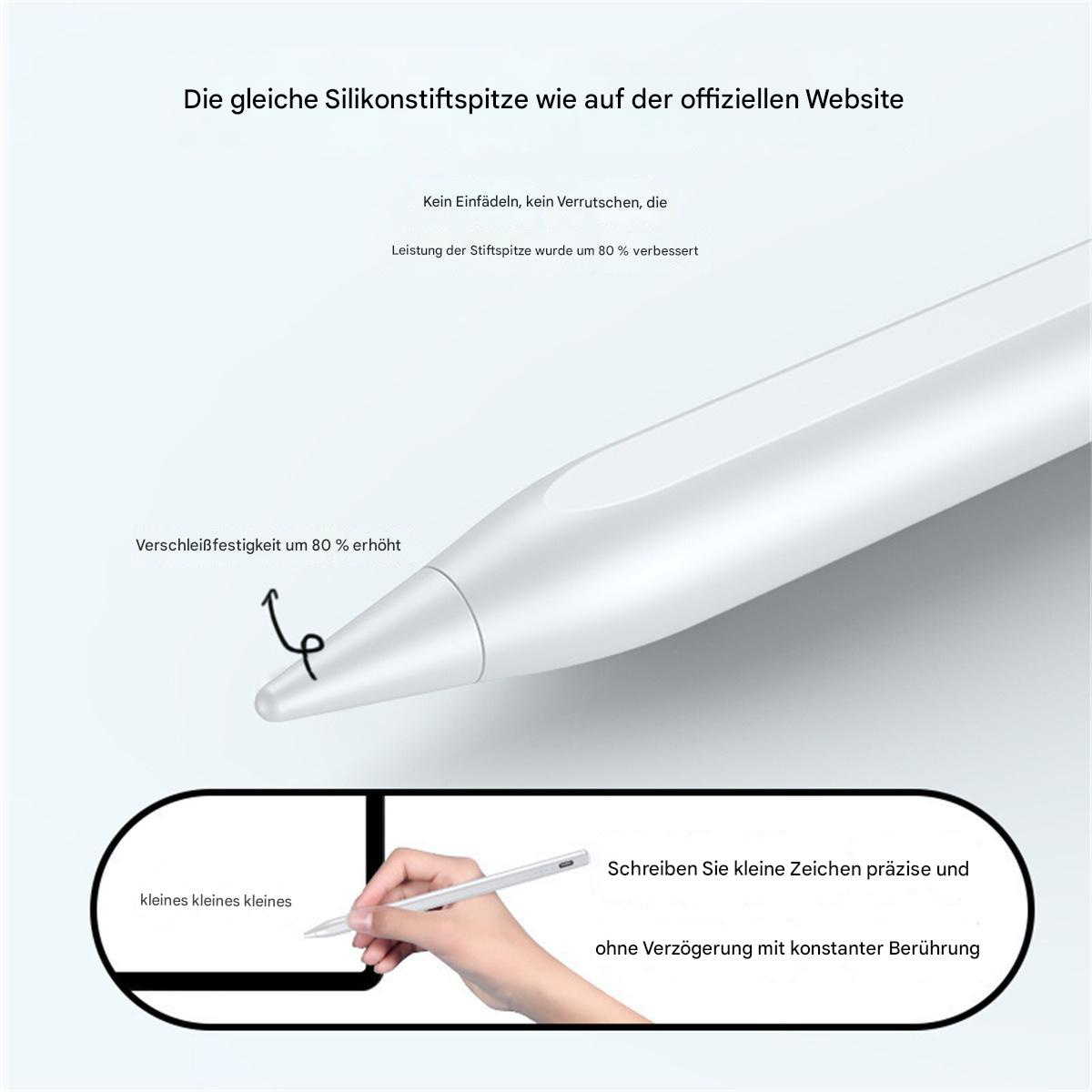 Ein weißer Stift mit schwarzer Spitze. Er wird auf einem Tablet verwendet und zeigt eine kleine, präzise Zeichnung.