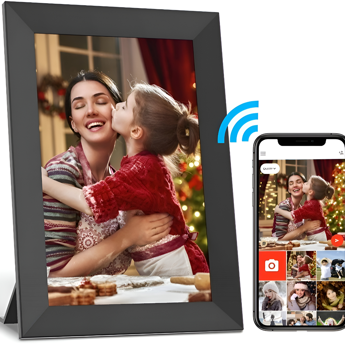 Digitaler Bilderrahmen mit Foto von Mutter und Kind. Ein Telefon ist daneben.