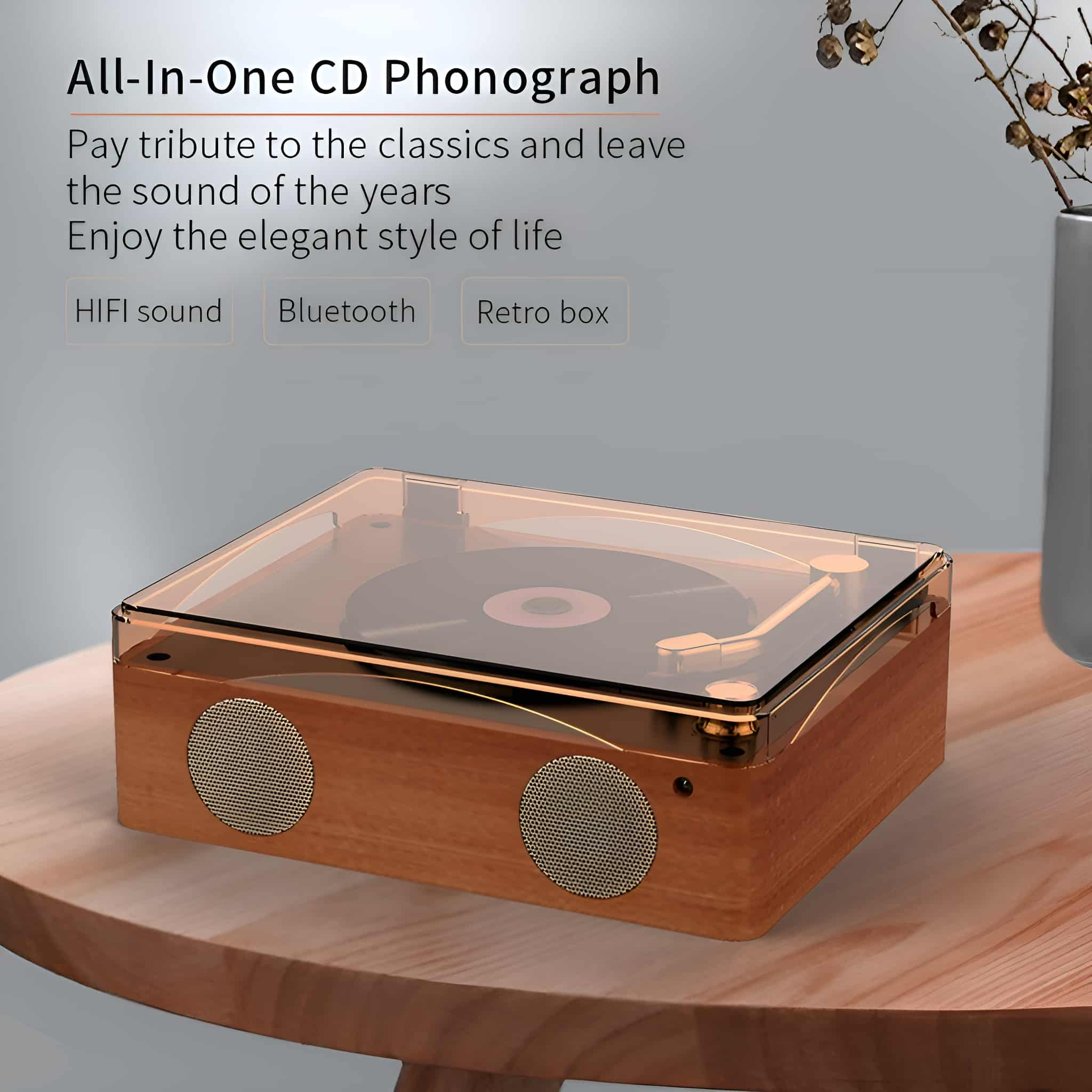 Holz-Phonograph mit Glasabdeckung auf einem Holztisch, Bluetooth- und HiFi-Sound-Logos.