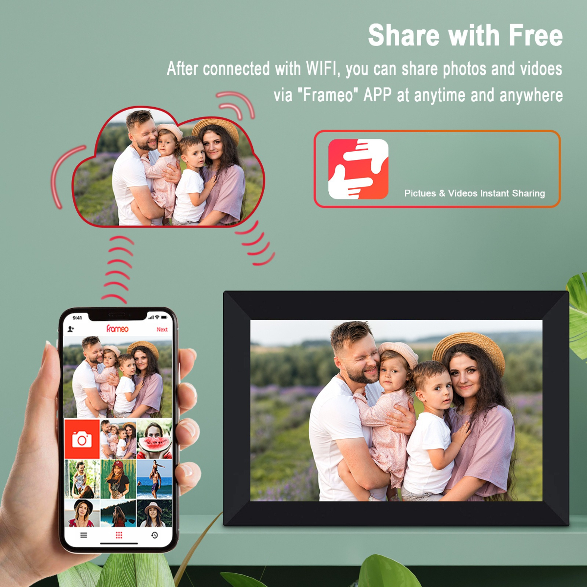 Digitaler Bilderrahmen mit Familienfoto, Telefon mit App-Oberfläche und Wolkensymbol.