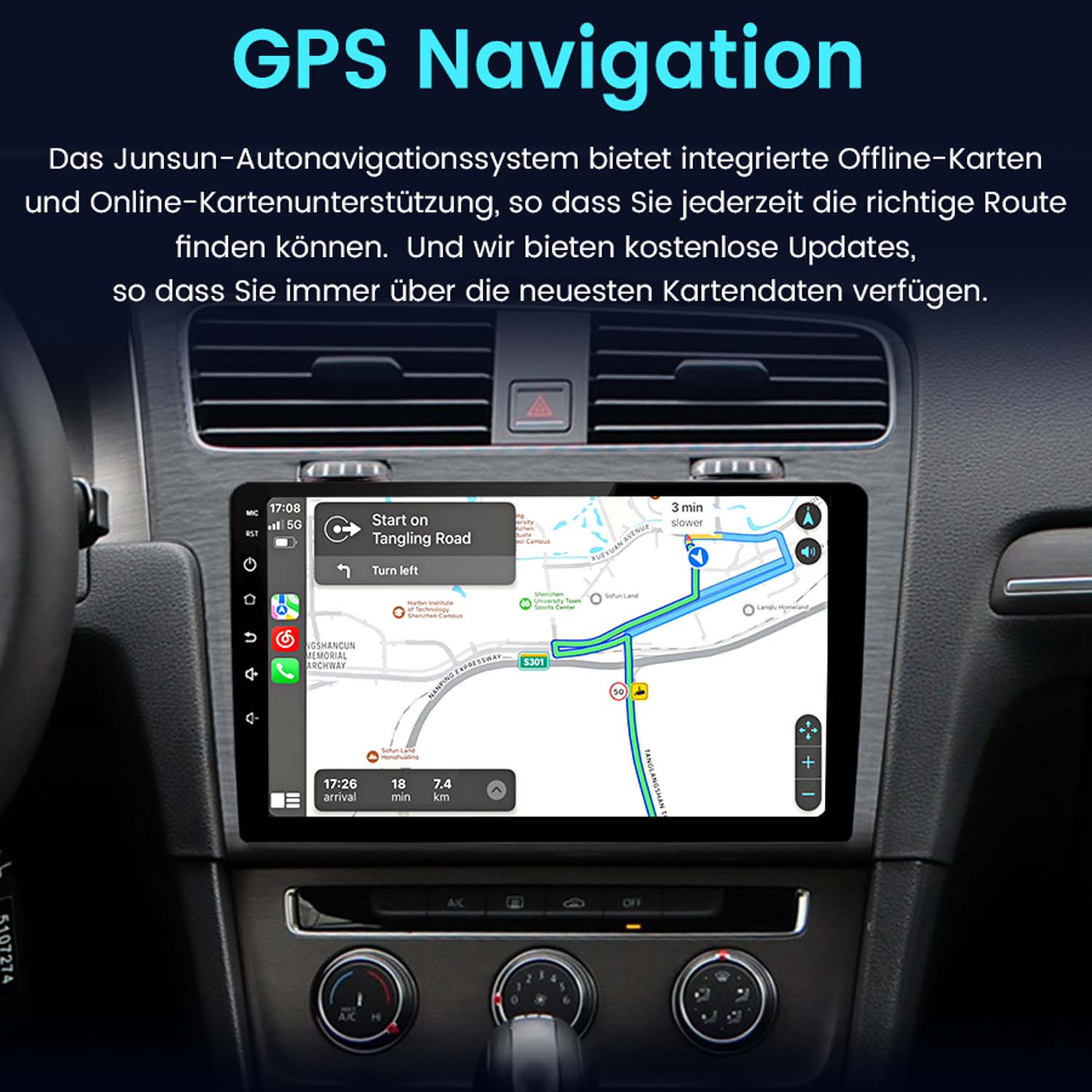 Deska rozdzielcza samochodu z ekranem nawigacji GPS. Wyświetla mapę i instrukcje nawigacyjne.