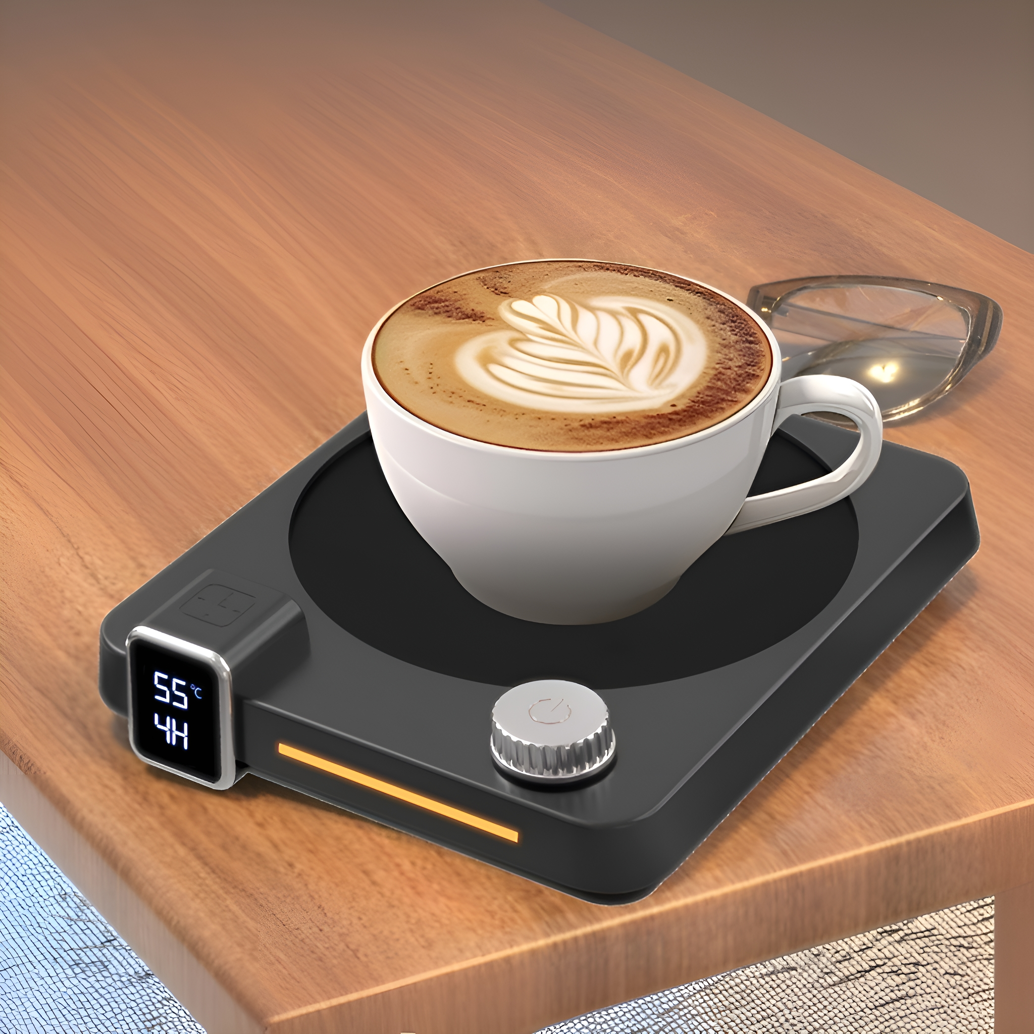 Kaffeetasse mit Latte Art auf einem beheizten schwarzen Untersetzer, Brille auf Holztisch.