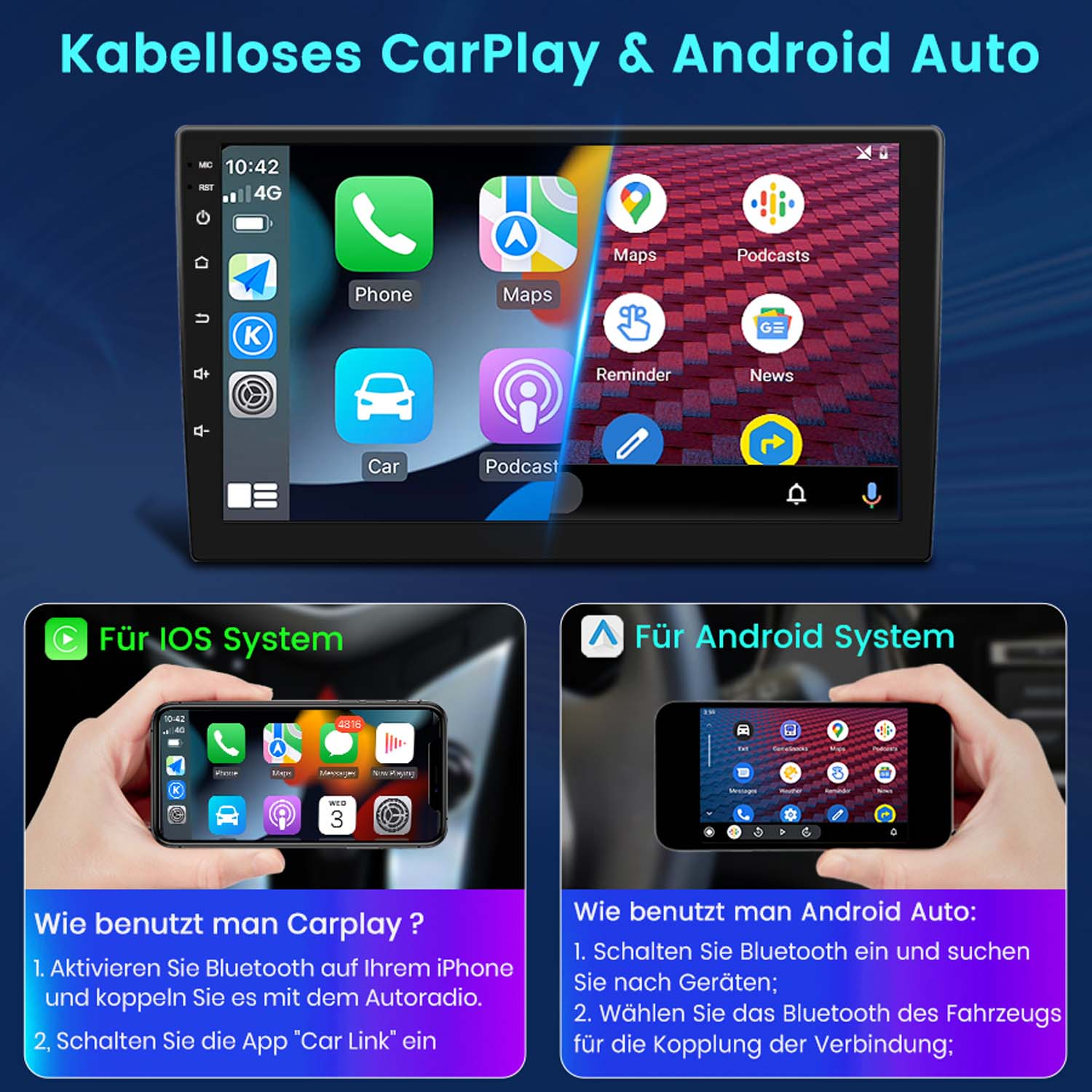 Ekran radia samochodowego pokazujący interfejs CarPlay i Android Auto.