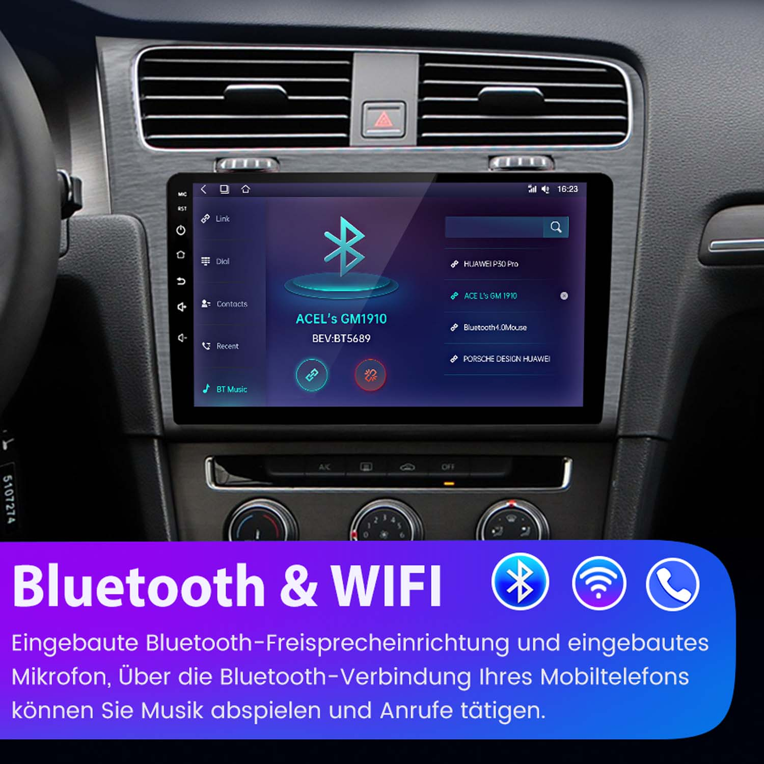 Deska rozdzielcza samochodu z cyfrowym ekranem z opcjami Bluetooth i WiFi.