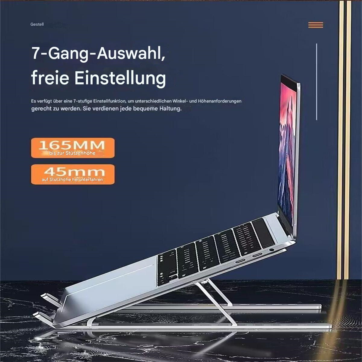 Silberner Laptopständer in Gebrauch. Der Ständer stützt einen Laptop mit blauem Hintergrund.