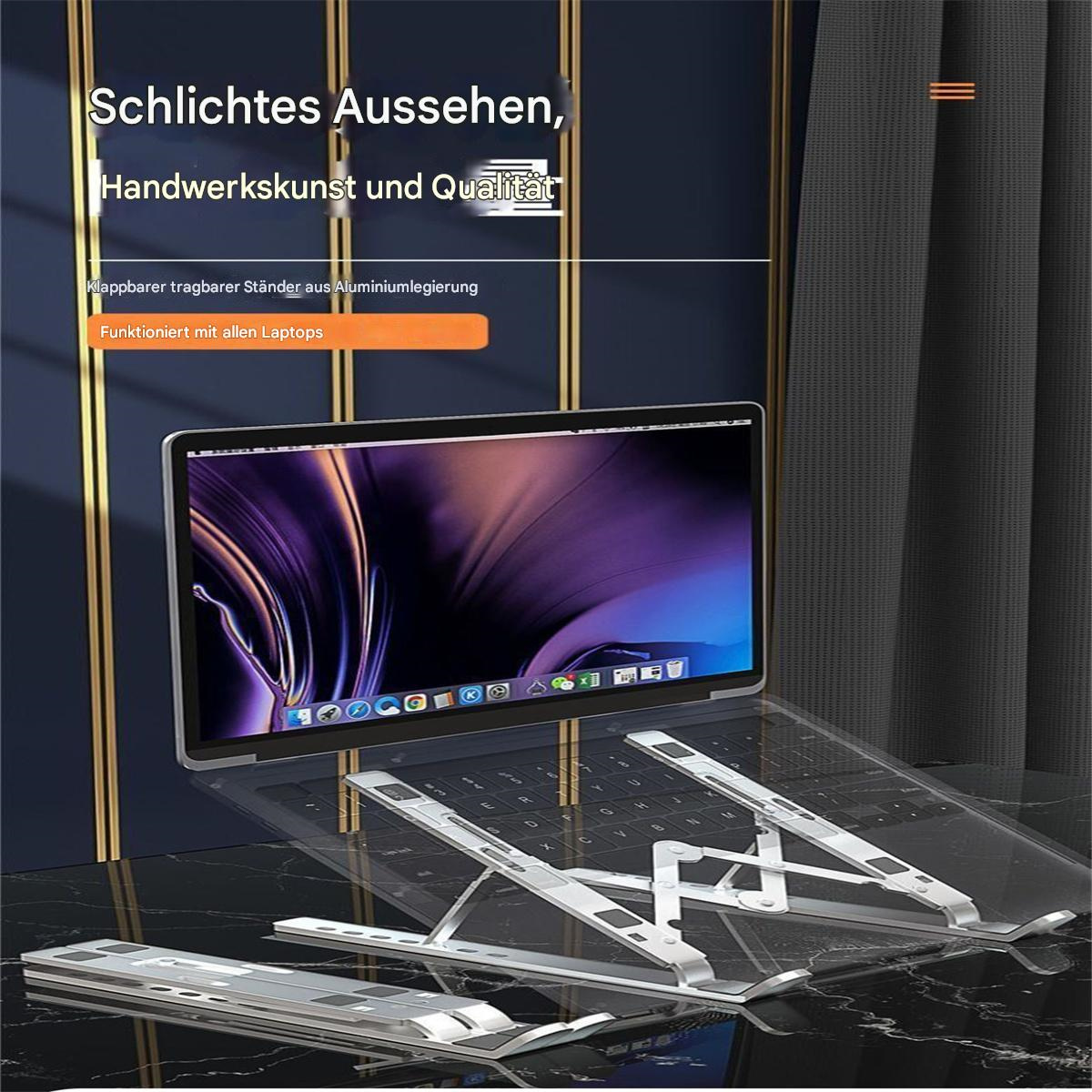 Laptop mit Ständer aus Aluminium. Der Ständer ist faltbar, mit Text über den Laptop.