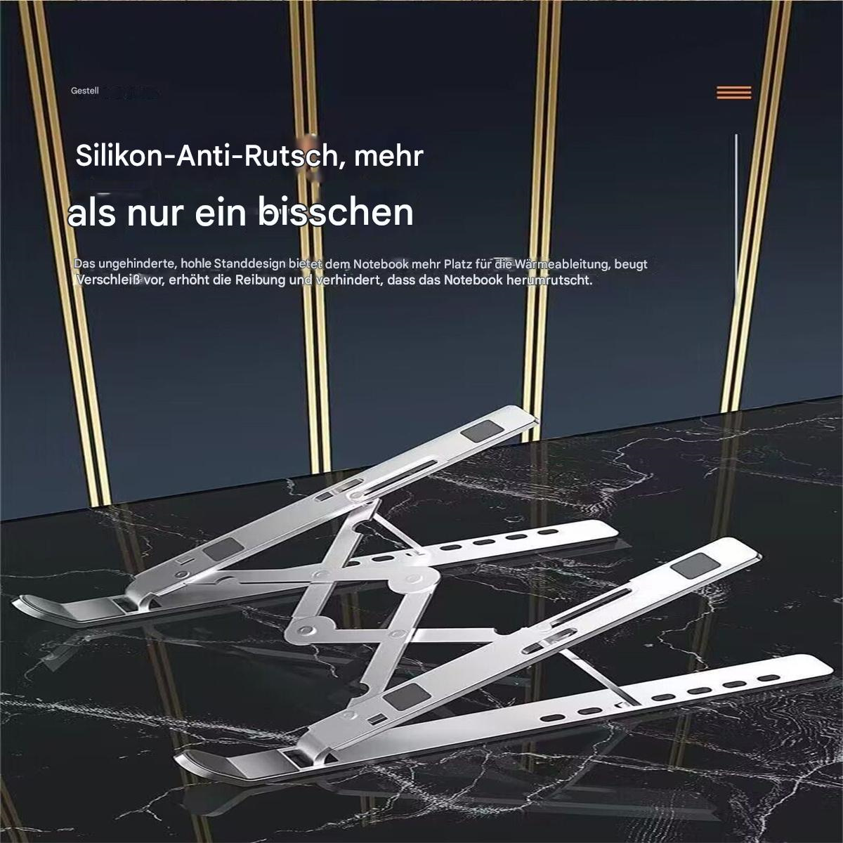 Silberner Laptop-Ständer auf reflektierender Oberfläche, zeigt das Design des Ständers.