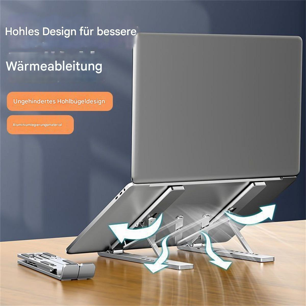 Laptop auf einem silbernen Ständer mit Luftschlitzen. Pfeile veranschaulichen den Luftstrom zur Kühlung.