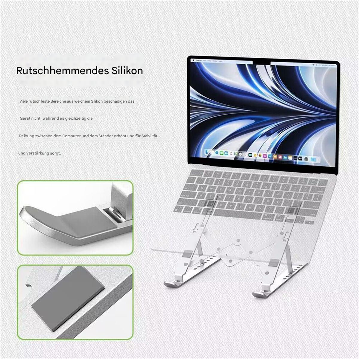 Laptop auf silbernem Ständer. Details zeigen das Design und die Stütze.