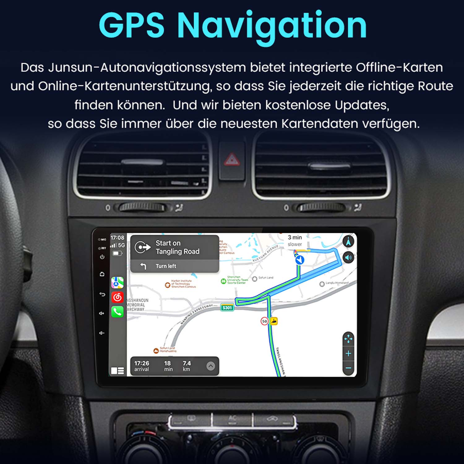 Ein GPS-Navigationsbildschirm in einem Armaturenbrett. Es zeigt eine Karte und Navigationsoptionen.