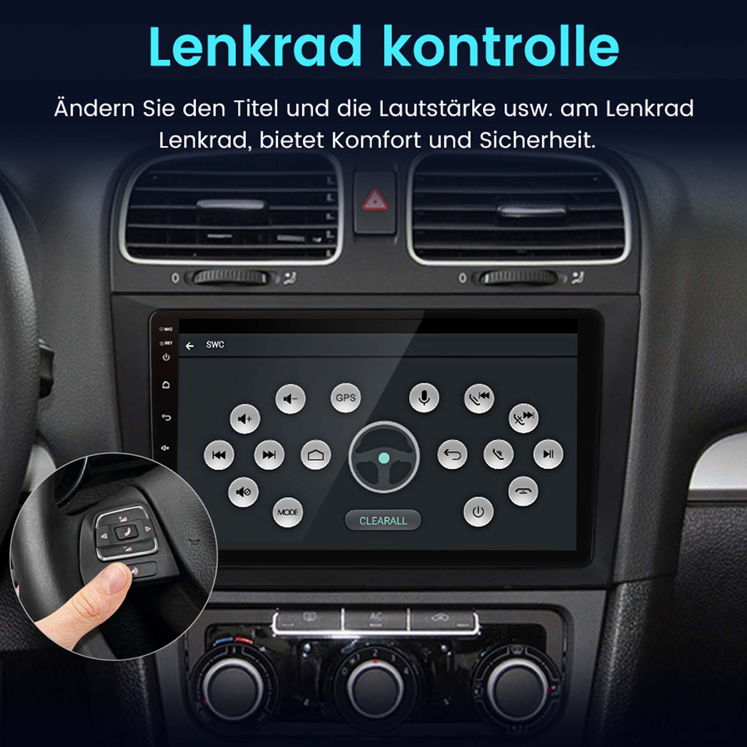 Aut Armaturenbrett mit Bildschirm mit Symbolen, eine Hand greift nach Bedienelementen.