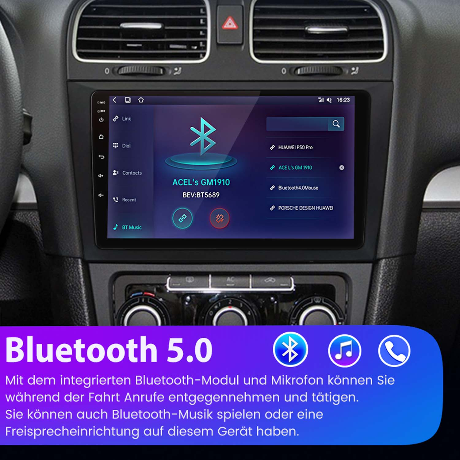 Armaturenbrett eines Autos mit einem Bildschirm, der Bluetooth-Einstellungen und andere Optionen anzeigt.